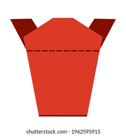 Vector food delivery box. Isolated image of a red box on a white background. Asian food delivery package: wok, rice, noodles. Flat style, colored doodle