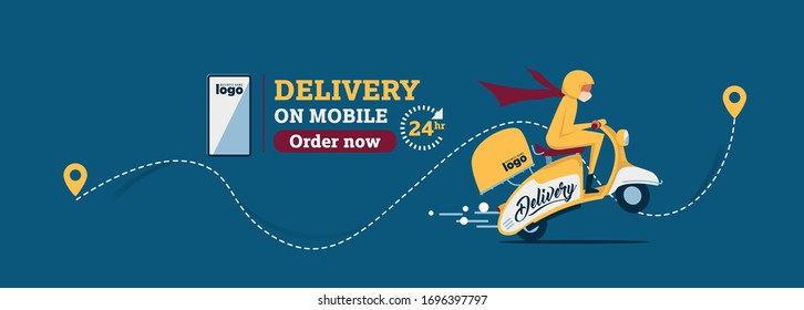 Vector The food delivery man ride yellow scooter to deliver food.Online Delivery Service Web Banner.E-commerce concept.