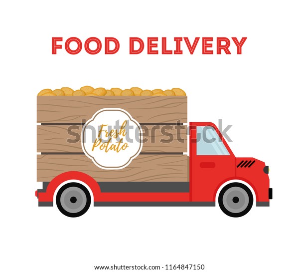 Vector food delivery - shipping of\
garden products - potato, organic vegetables. Cartoon car, truck\
with products. Wooden crate, container on\
vehicle.