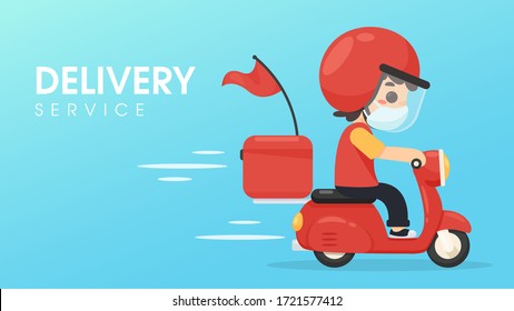 Vector The food delivery staff ride motorcycles to deliver food during a confinement in the home from the corona virus.