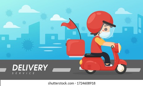 Vector The food delivery staff ride motorcycles to deliver food during a confinement in the home from the corona virus.