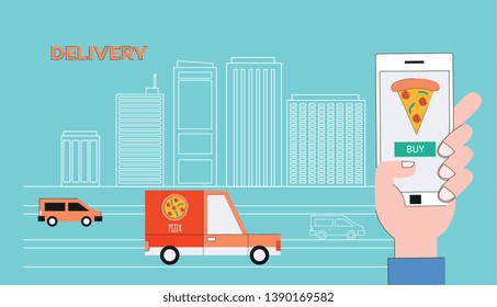 Vector food delivery tracking poster with pizza slice in mobile application in smarphone screen on cityscape background with cargo trucks. Online shipping banner background.