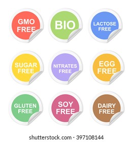 Vector food dietary labels icon set. Gluten and sugar, gmo free, nitrates and lactose, dairy and egg