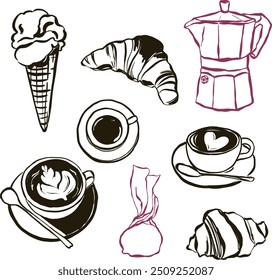 Vector food doddle set of coffee, croissant, coffee maker, cup and spoon. Hand-drawn Italy food elements isolated on white background. Illustration for design, print or background. Trendy collection.