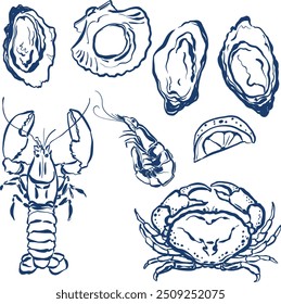 Vector food doddle set of crab, lobster, oyster and shell. Hand-drawn seafood elements isolated on white background. Aquatic illustration for design, print or background. Trendy nautical collection.