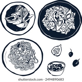 Vector food doddle set of pasta, olives and oyster. Hand painted seafood elements isolated on white background. Aquatic illustration for design, print or background. Trendy nautical collection.