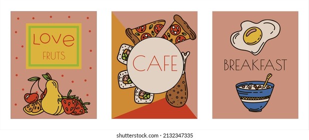 Vector Food Doodle banners. Hand Made Line Art cards. Menu Restaurant. Sketch illustration of healthy food. Logotype Symbol Design
