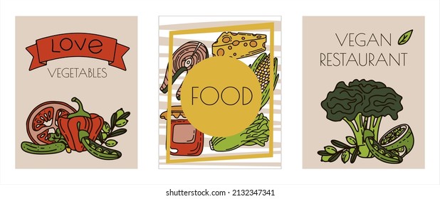 Vector Food Doodle banners. Hand Made Line Art cards. Menu Restaurant. Sketch illustration of healthy food. Logotype Symbol Design