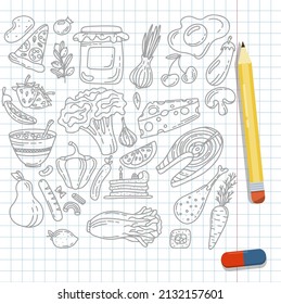 Vector Food Doodle Icons. Hand Made Line Art set. Menu Restaurant. Sketch illustration of healthy food. Logotype Symbol Design
