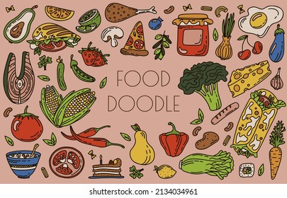 Vector Food Doodle Icons. Hand Made Line Art set. Menu Restaurant. Sketch illustration of healthy food. Logotype Symbol Design