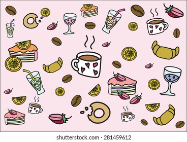 Vector food and drink, and abstract backgrounds with coffee, bread and cake, strawberry cake and orange drinks
