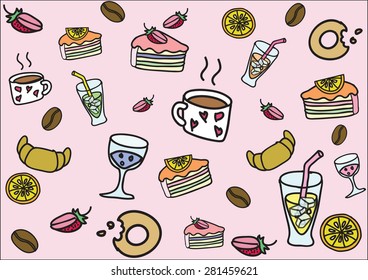 Vector food and drink, and abstract backgrounds with coffee, bread and cake, strawberry cake and orange drinks