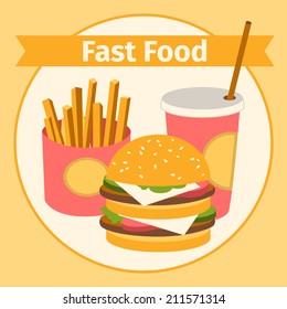vector food and drink. Burger, fries. Flat. vector illustration