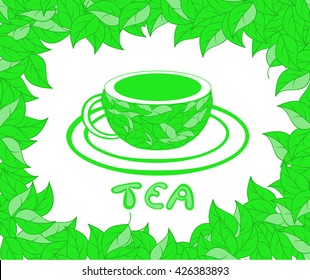 Vector food and drink vector decorative frame with tea cup and tea leaves