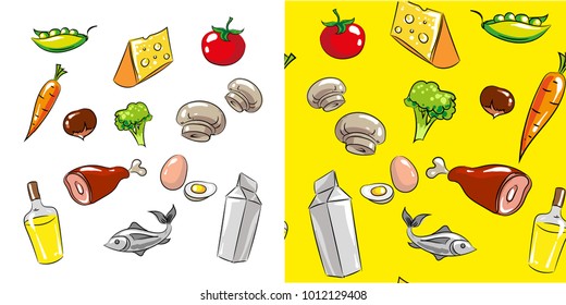 Vector food and drink icon set and seamless pattern with vegetables, meat, fish, cheese, milk, oil bottle, mushrooms and eggs. Healthy eating concept hand drawn illustration.