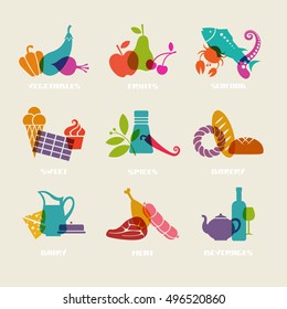 Vector food, drink icon. Set of sign for menu, market. Vegetables, fruits, seafood, sweets, spices, bakery, dairy, meat, beverages logo template. Healthy lifestyle illustration for print, web