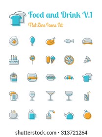 vector food and drink icons set flat line style