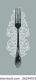 Vector food and drink menu cover for restaurant or cafe with realistic fork and vintage swirls. No AI used