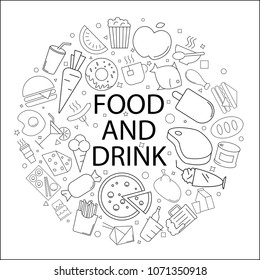 Vector food and drink pattern with word. Food and drink background