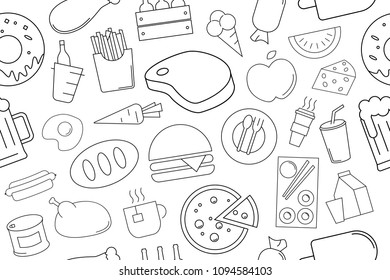 Vector food and drink pattern with word. Food and drink background