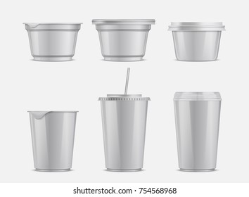 Vektor-Food-und Getränke Plastikbehälter Set. Weiße leere Plastiktüte zum Nachtisch, Jogurt, Eis, saure Sahne, weiche Getränke realistische Vorlagen.