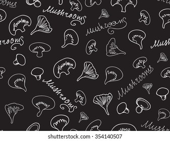 Vector food and drink seamless texture with mushrooms and words "Mushroom" handwritten with chalk on grey board