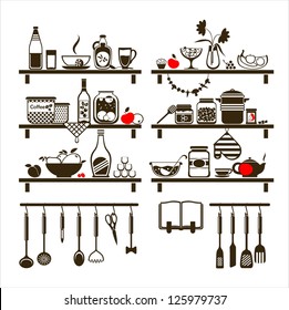 Vector food and drinks icons set, drawn up as kitchen shelves