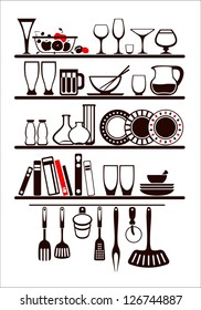 Vector food and drinks icons set, drawn up as kitchen shelves