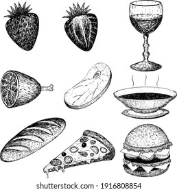 vector food and drinks set in vintage retro style