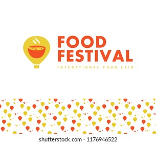 Vector food festival logo template in different color variants isolated. Restaurant, cafe, catering, food service emblem design. Logotype with air balloon and aroma bowl illustration, pattern.