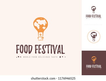 Vector food festival logo template in different color variants isolated. Restaurant, cafe, catering, food service emblem design. Air balloon, pot icon in grunge print style.