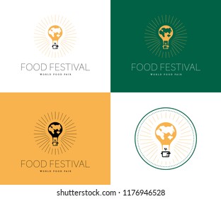 Vector food festival logo template in different color variants isolated. Restaurant, cafe, catering, food service emblem design. Illustration of flying air balloon with earth map, pot.