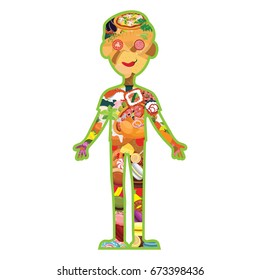 Vector food in the form of a human body. The idea for a restauran menu or a healthy lifestyle. An unusual concept. On white isolated background.