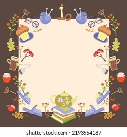 Vector food frame with tea pot and coffee cups. Red apples and autumnal leaves for invitation cards