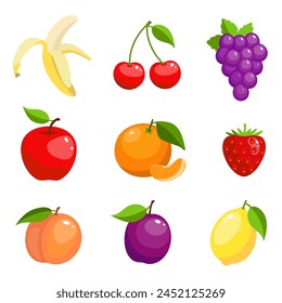 Vector food fruit icons set, illustration of fruit and berries in flat cartoon style, stickers design for children