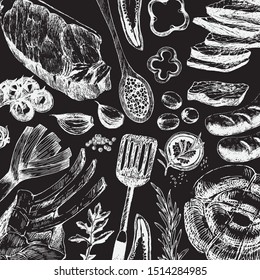 vector food hand drawn illustration. sketch of barbecue ingredients.
flat lay ink doodle of ham, roast meat, steak, vegetables. summer holiday restaurant design template
