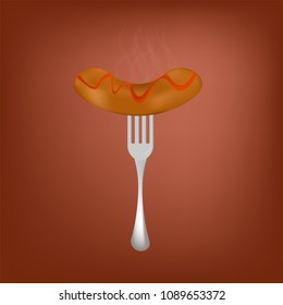 vector food hot sausage on the grill with ketchup with a fork on a red background for advertising