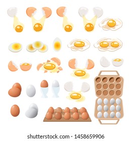 Vector food icon. Chicken boiled,broken and raw eggs brown and white color.An egg in the shell and box ,half an egg with the yolk. Illustration in cartoon style.