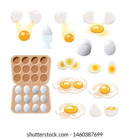 Vector food icon. Chicken boiled,broken and raw eggs brown and white color.An egg in the shell and box ,half an egg with the yolk. Illustration in cartoon style.
