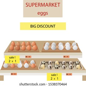 Vector food icon. Chicken and quail boiled,broken and raw eggs brown and white color.An egg in the shell and box ,half an egg with the yolk. Illustration in cartoon style.