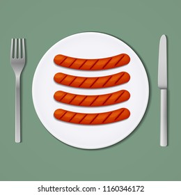 Vector food icon. Four grilled sausages on a white plate with fork and knife.