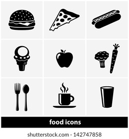Vector food icon set with black food icons with a cheeseburger, pizza slice, hot dog, ice cream cone, apple, broccoli and carrot, fork and spoon silverware, coffee mug or cup, and glass drink