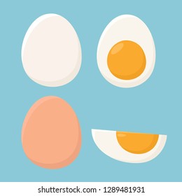 Vector Food Icon Set Of Chicken Egg. White And Brown Chicken Egg In The Shell, Boiled Egg With Yolk, Half An Egg. Illustration Of Eggs In Flat Minimalism Style.