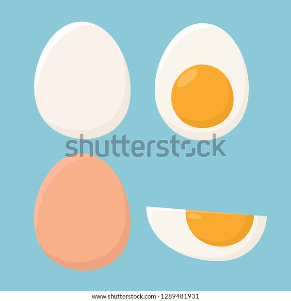 鶏卵のベクター画像食品アイコンセット 殻に白と茶色の鶏卵 卵黄を入れたゆで卵 半卵 平らなミニマリズムスタイルの卵 のイラスト のベクター画像素材 ロイヤリティフリー