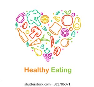 Vector Food Icon In Trendy Linear Style Is Arraged In Heart For Healthy Food And Organic Food