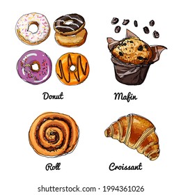 Vektorgrafik von Backwaren. Farbige Skizze von Lebensmitteln. Donuts, Muffin, Knospenrolle, Croissant.