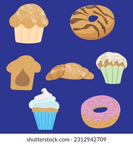 Vector food icons of bakery products. Color drawing of food products. Donuts, muffins, croissant. on a blue background, eps10