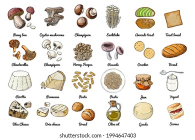 Vector food icons. Colored sketch of food products. Mushrooms, cheeses, pasta, bread, butter, yogurt