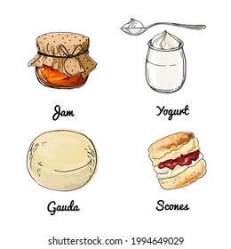 Vector food icons. Colored sketch of food products. Jam, yogurt, cheese gauda, scones