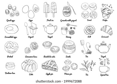 Vector food icons. Colored sketch of food products. Baking, sweets, eggs, tea